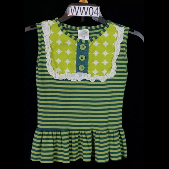 PERSNICKETY Forget Me Not LOU LOU Ruffle Top Green LIME Dots Striped PEPLUM TOP - Picture 3 of 10
